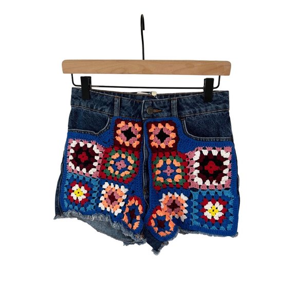 Anthropologie Farm Rio Ultra High-Rise Crochet Denim Shorts - Picture 5 of 6